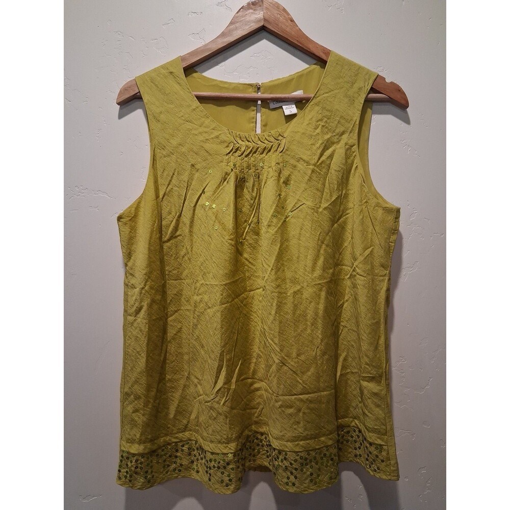 Coldwater Creek Tank Top L 14 Sleeveless Lined Sequins Chartreuse Green Pintuck
